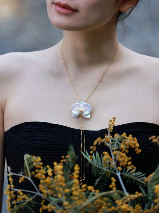 ORVENIOR Long Ceramic Orchid Pendant Necklace for Women Long PT01