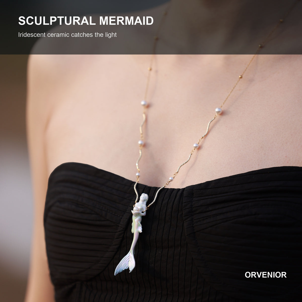 ORVENIOR Iridescent Ceramic Mermaid Pendant Necklace for Women Short PT01